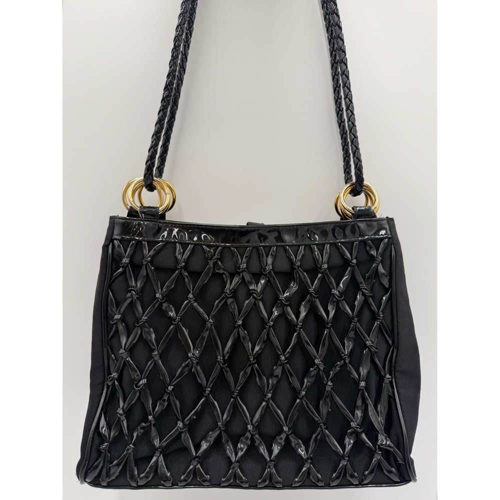 Tianni Black Lattice Patent Shoulder Bag Gold Hardware Braided Straps Medium